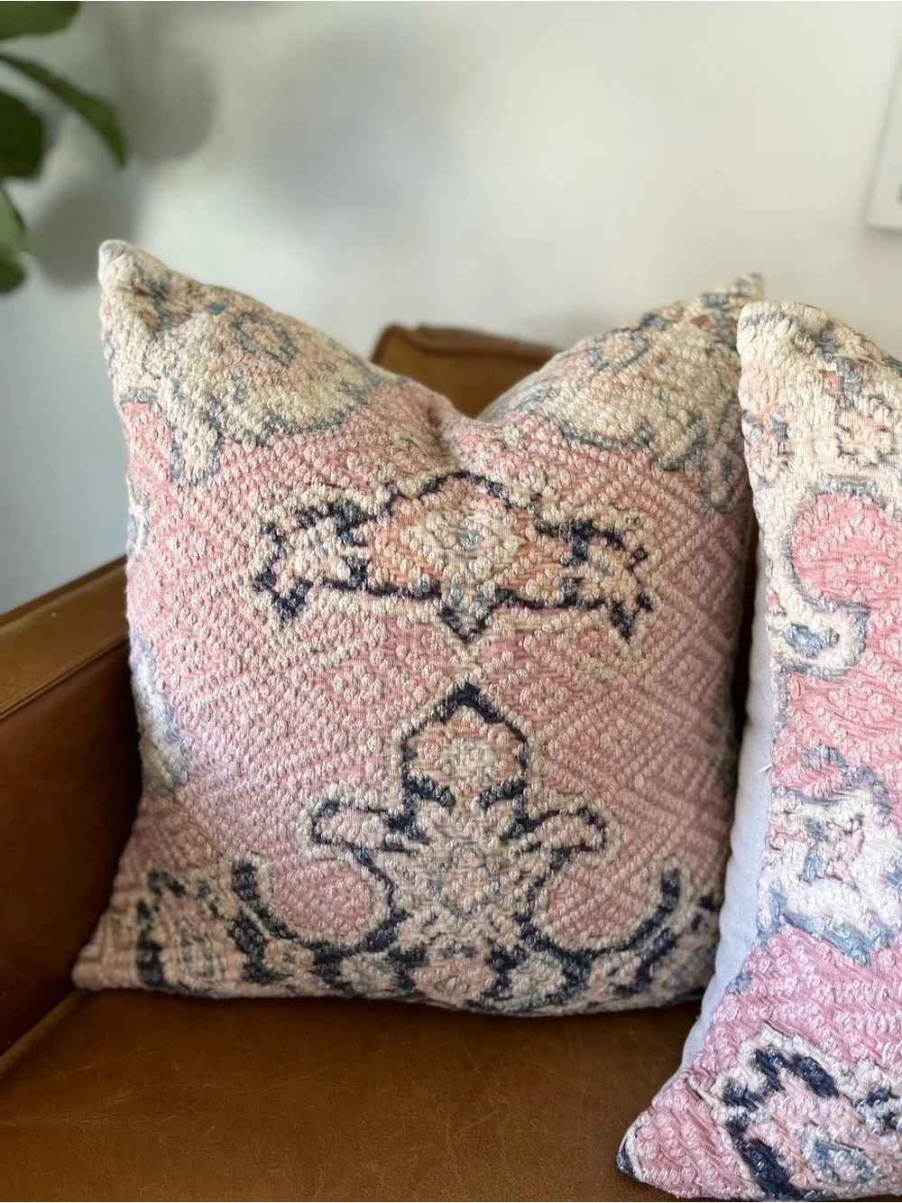 Pair of Pottery Barn Valari Pillow Covers Pink and Navy Kilim Medallion Pattern